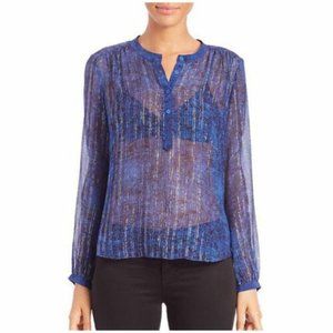REBECCA TAYLOR New Sheer Metallic SILK Top Blouse Top Long Sleeve Blue Silver 4